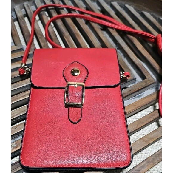 Convenient MIni Crossbody Retro Buckle PU Mobile Phone Travel Bag Purse Red - Picture 2 of 7